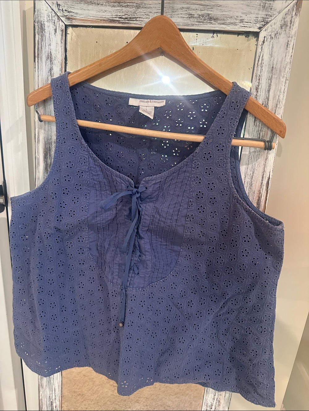 Chelsea & Theodore Navy Eyelet Tie-Front Cotton Tank